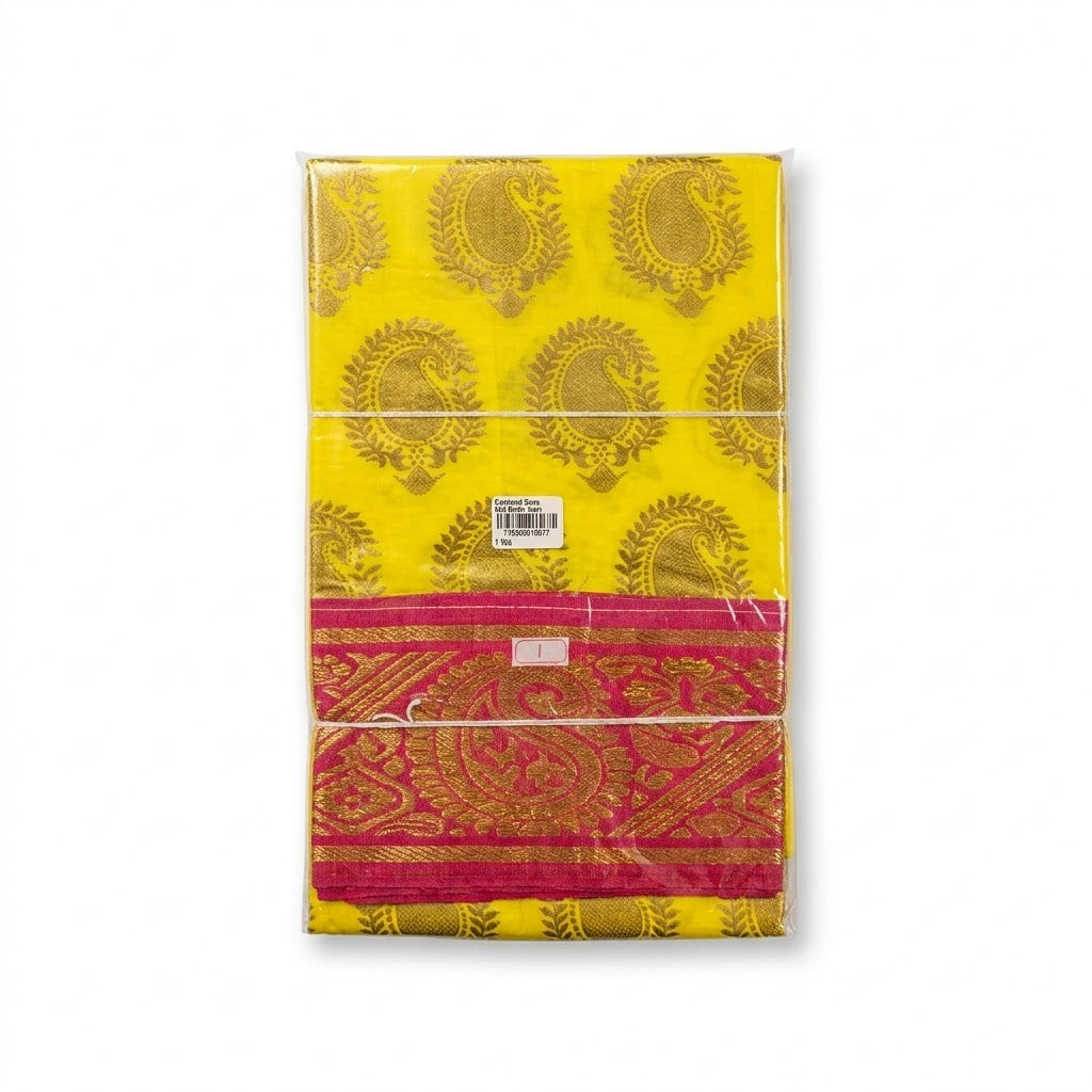 Traditional South Indian 3-Metre Ponnadai Honour Shawl (Yellow Gold Print With Red Border)