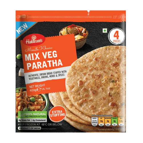 Haldiram’s Frozen Mix Veg Paratha 400g – frozen Indian mixed-vegetable stuffed parathas, ready-to-heat flatbreads available at Fairmart Online UK