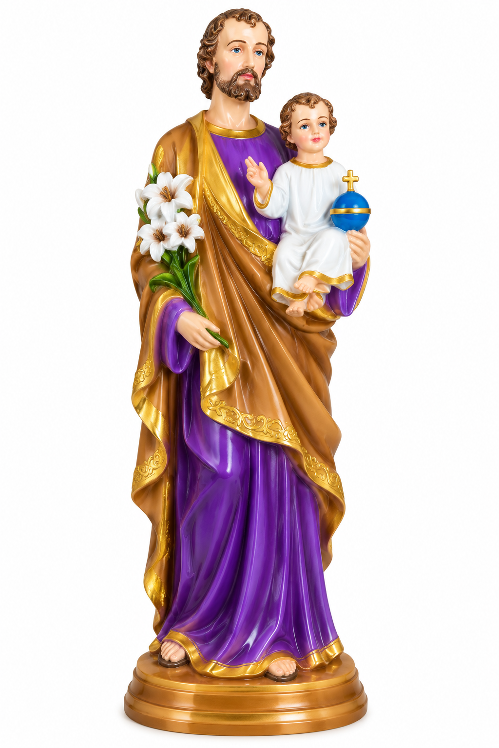St. Joseph with Baby Jesus 18-Inch Statue – Purple Robe with Gold & Brown Detailing, Holding White Lilies