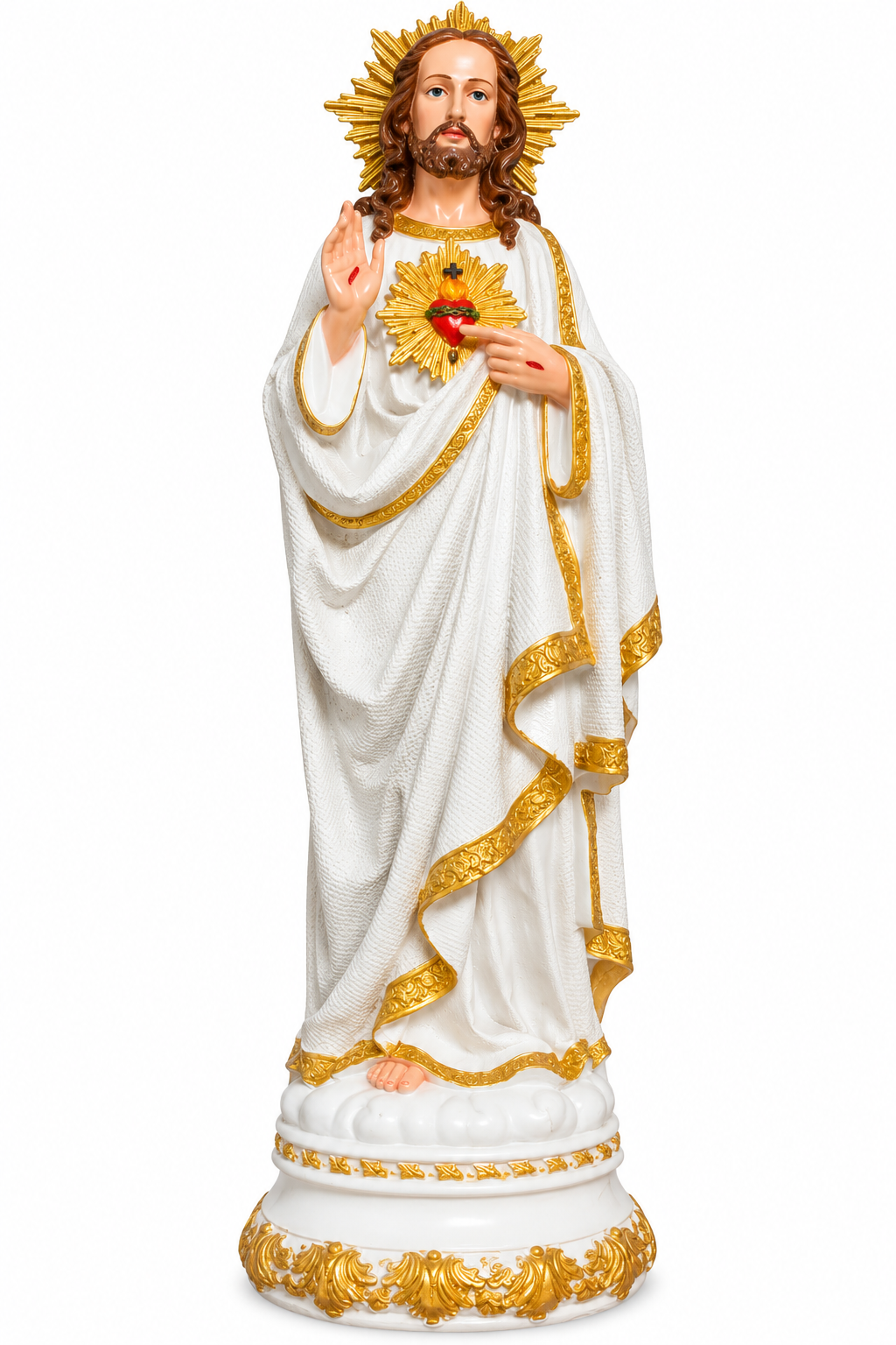 Sacred Heart of Jesus 24-Inch Statue – White Robe with Gold Detailing & Golden Halo