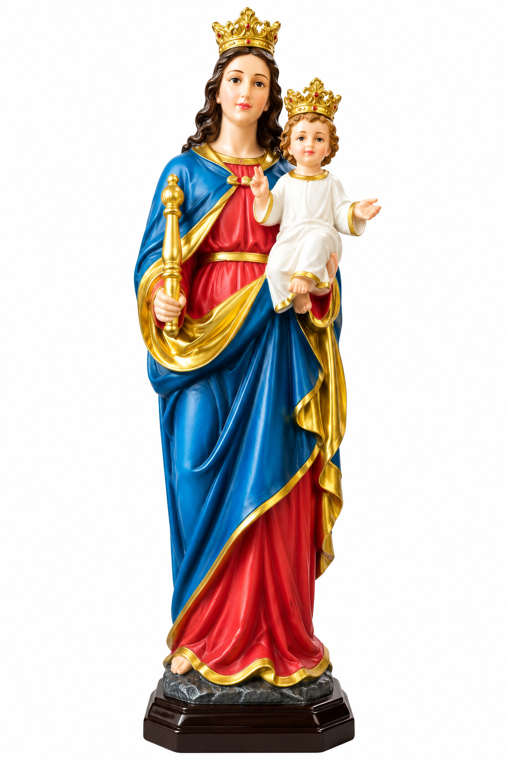 Our Lady Holding Baby Jesus Statue – Blue & Red Robe with Gold Detailing