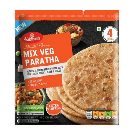 Haldiram’s Frozen Mix Veg Paratha 400g – frozen Indian mixed-vegetable stuffed parathas, ready-to-heat flatbreads available at Fairmart Online UK