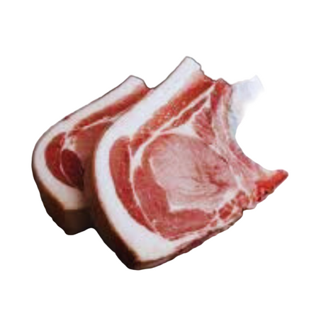 Two pieces of raw pork belly on a white background