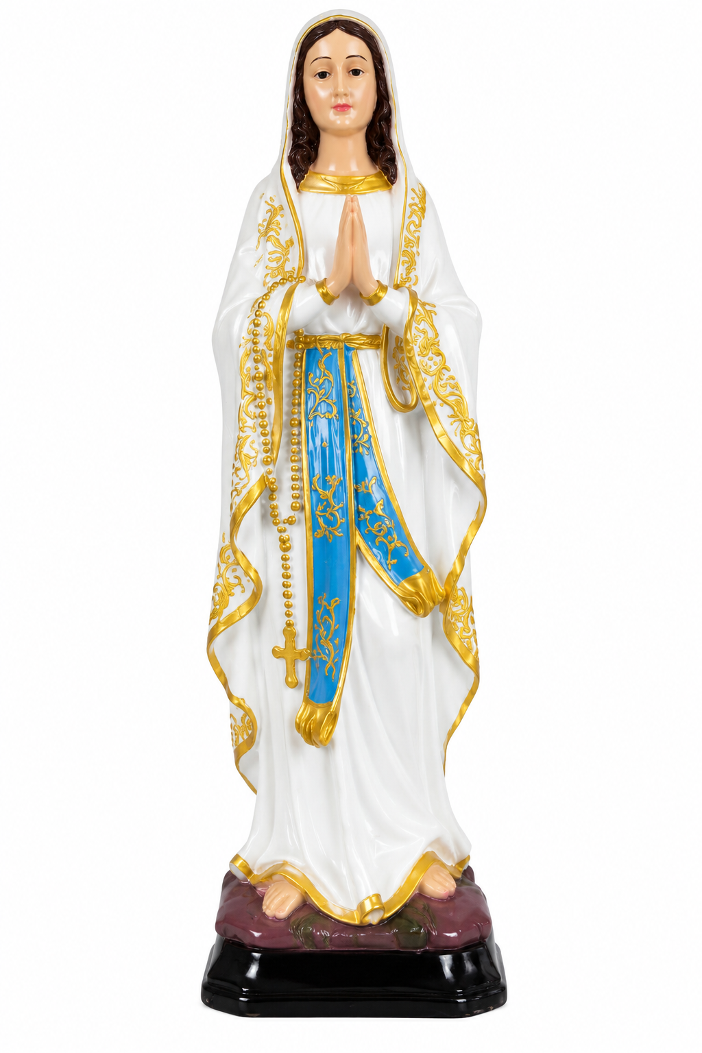 Our Lady of Lourdes 17-Inch Statue – Closed Hands, White & Blue Robe with Gold Detailing