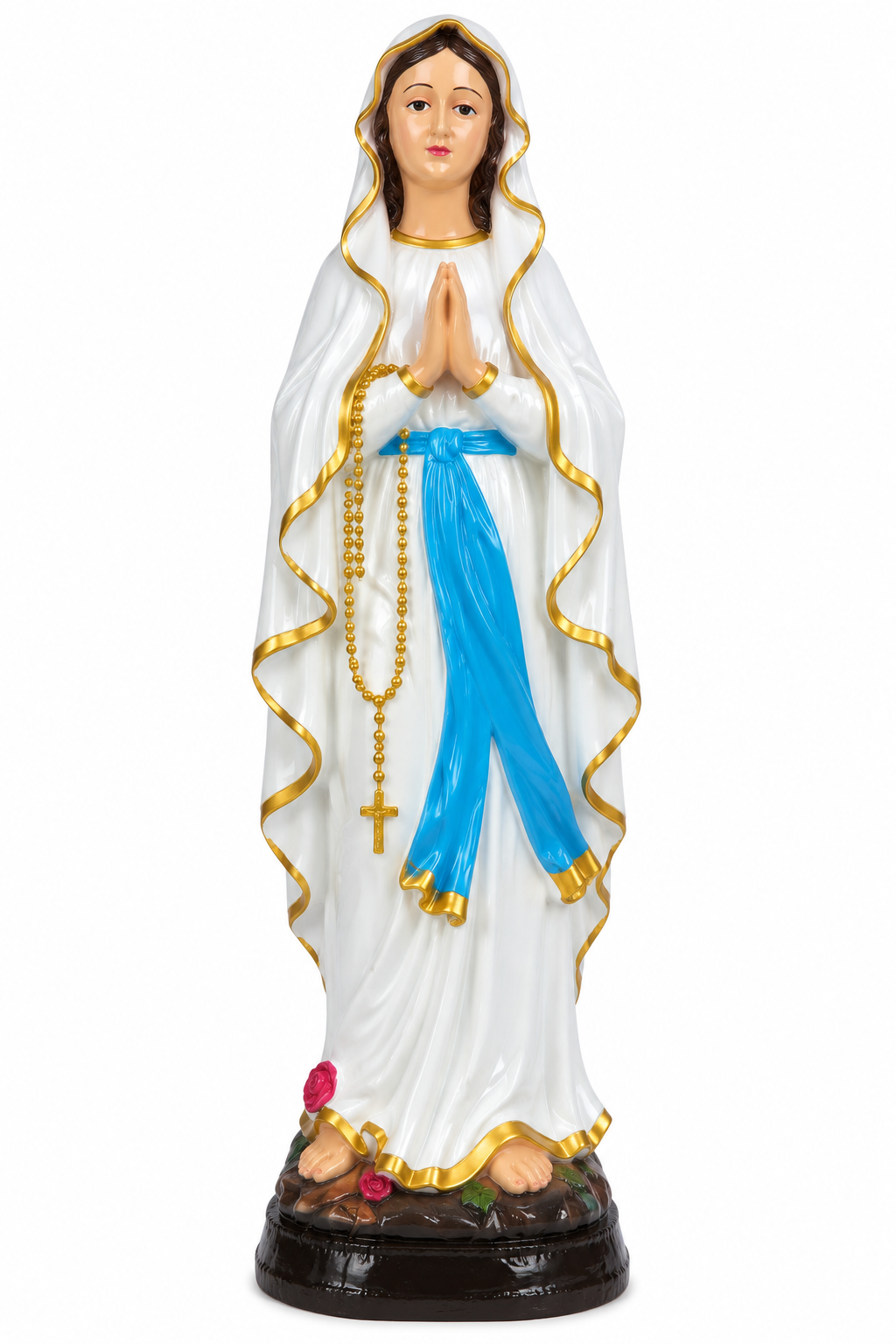 Our Lady of Lourdes 16-Inch Statue – Closed Hands, White & Blue Robe with Gold Detailing