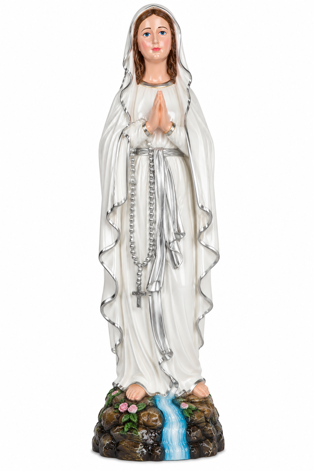 Our Lady of Lourdes 17-Inch Statue – Closed Hands, White & Silver Robe no