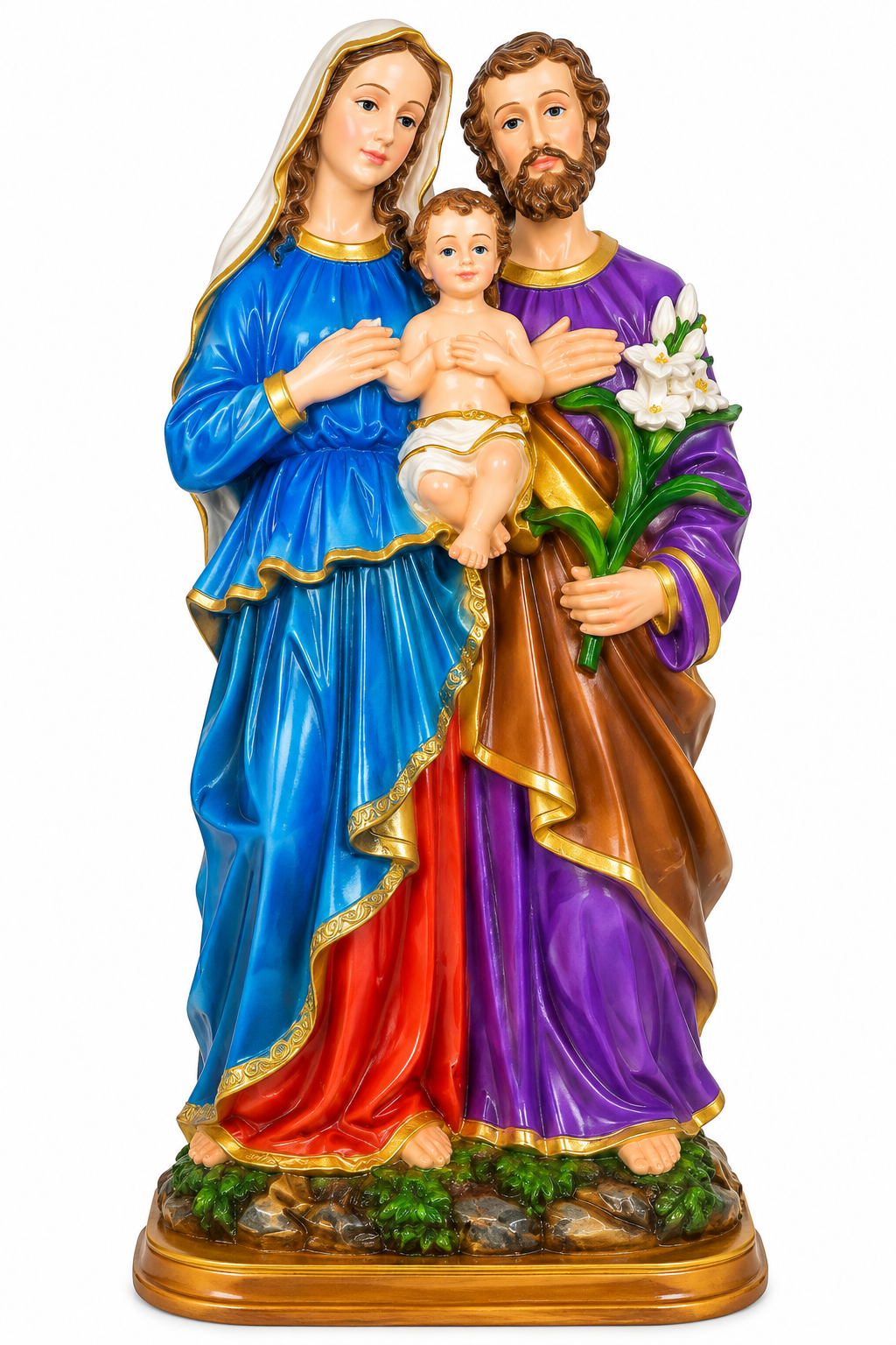 Holy Family 18-Inch Statue – Virgin Mary, St. Joseph & Baby Jesus (Blue, Purple & Brown Robes with Gold Detailing)