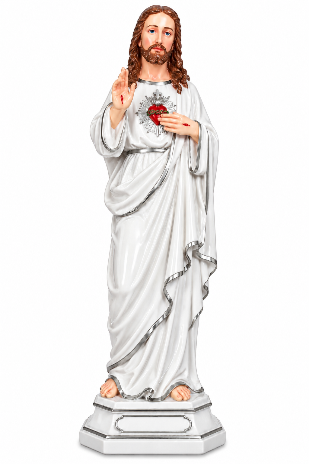 Sacred Heart of Jesus 18-Inch Statue – White Robe with Silver Detailing