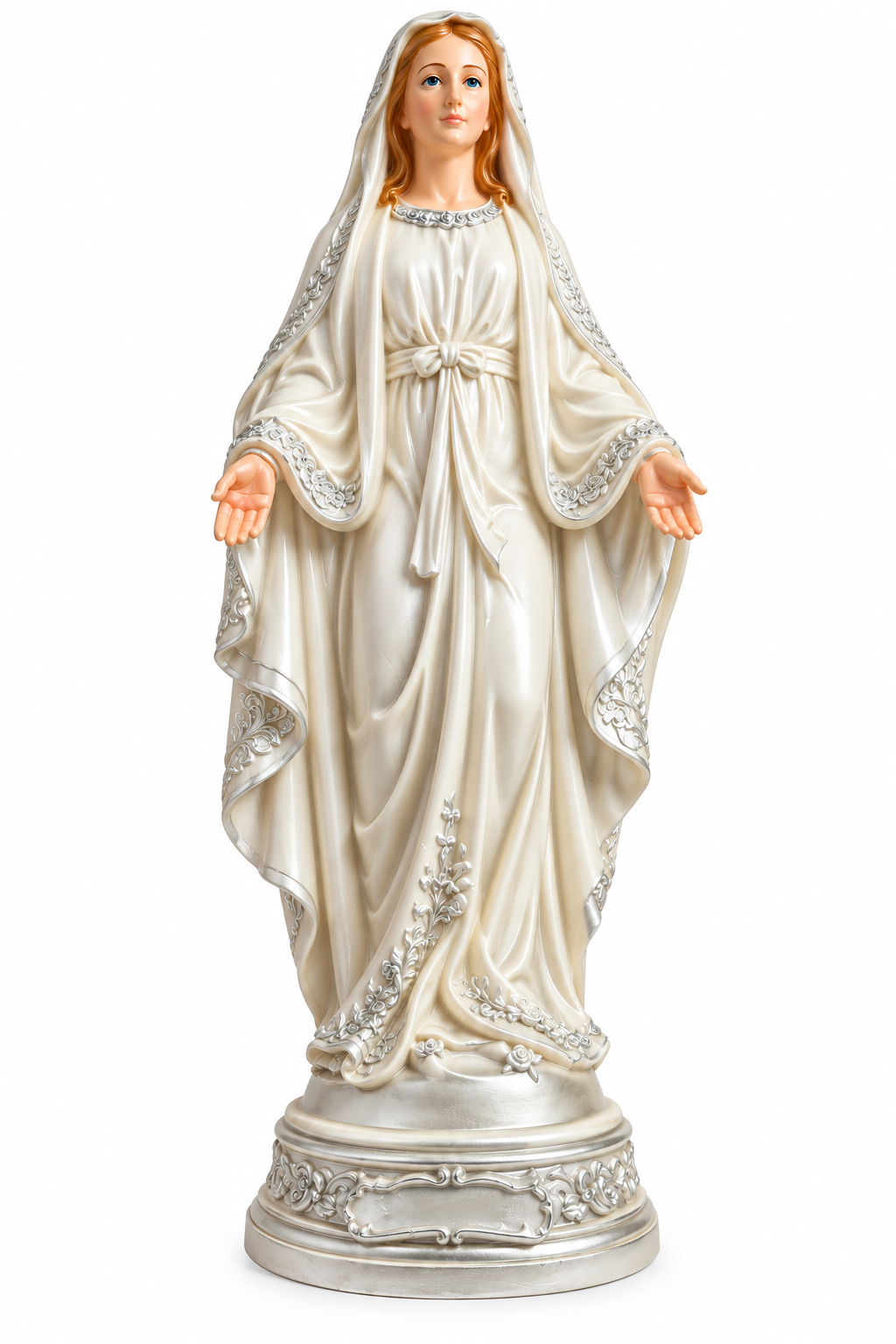 Our Lady 12-Inch Open Arms Statue – Cream & Silver Robe