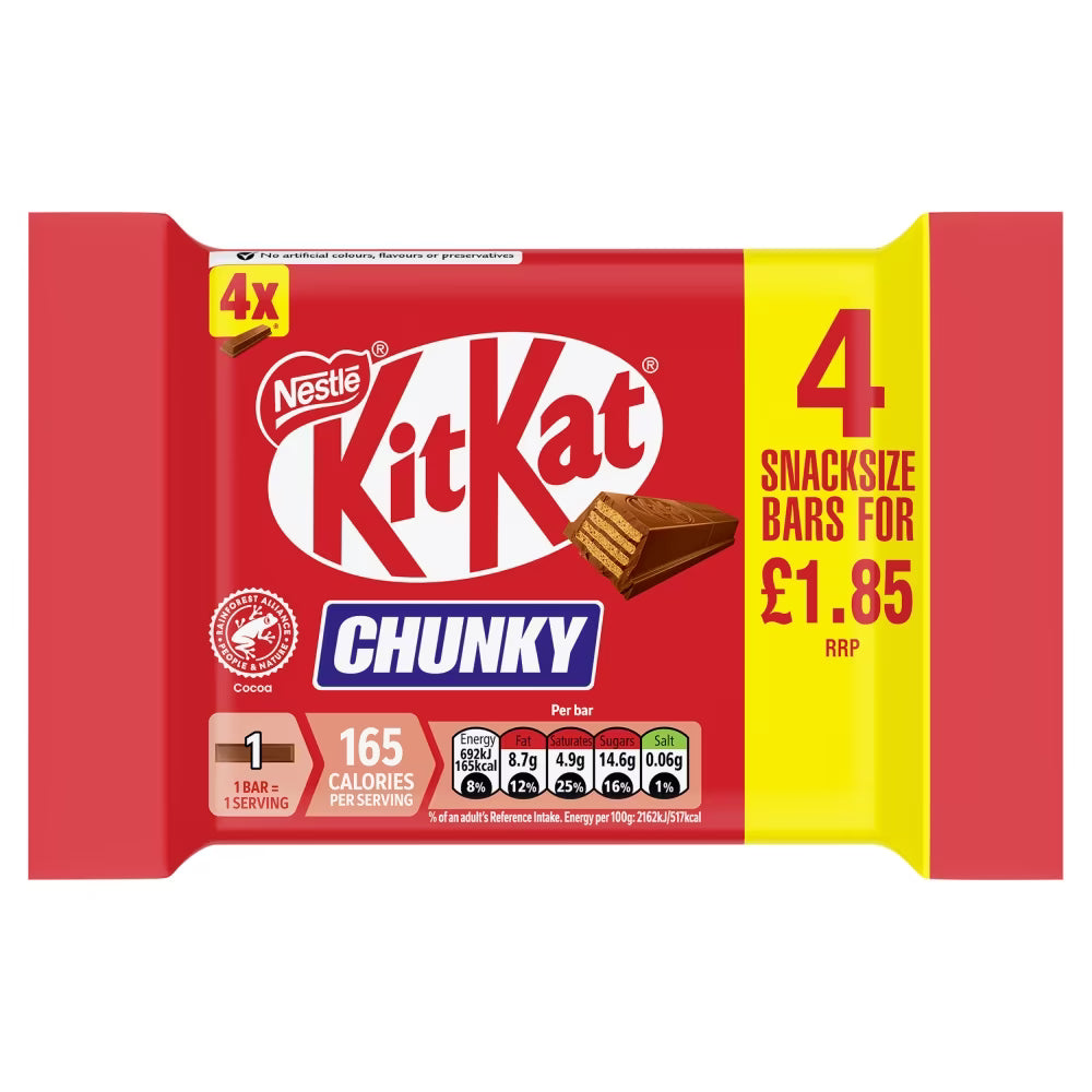 Nestle Kitkat Chunky Snack Size Chocolate Bar 4 Pack Multipack 128g