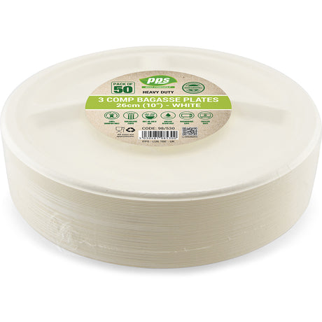 Buy PPS Bagasse White 26cm 3 Compartment Plate (50pcs)  online at the best price from FAIRMART.